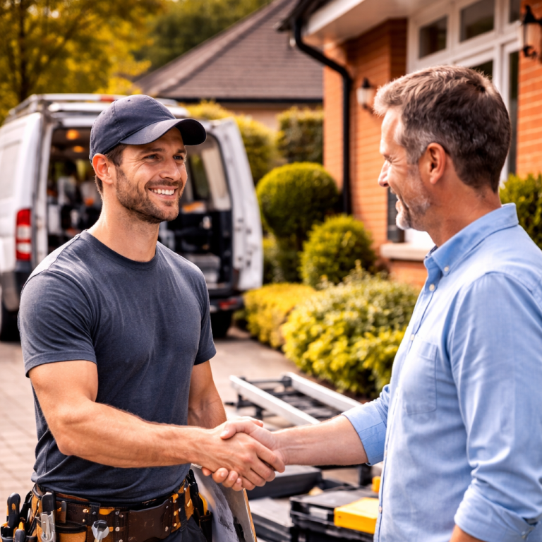 Two men shake hands outside a house, one wearing work attire and the other in a shirt.