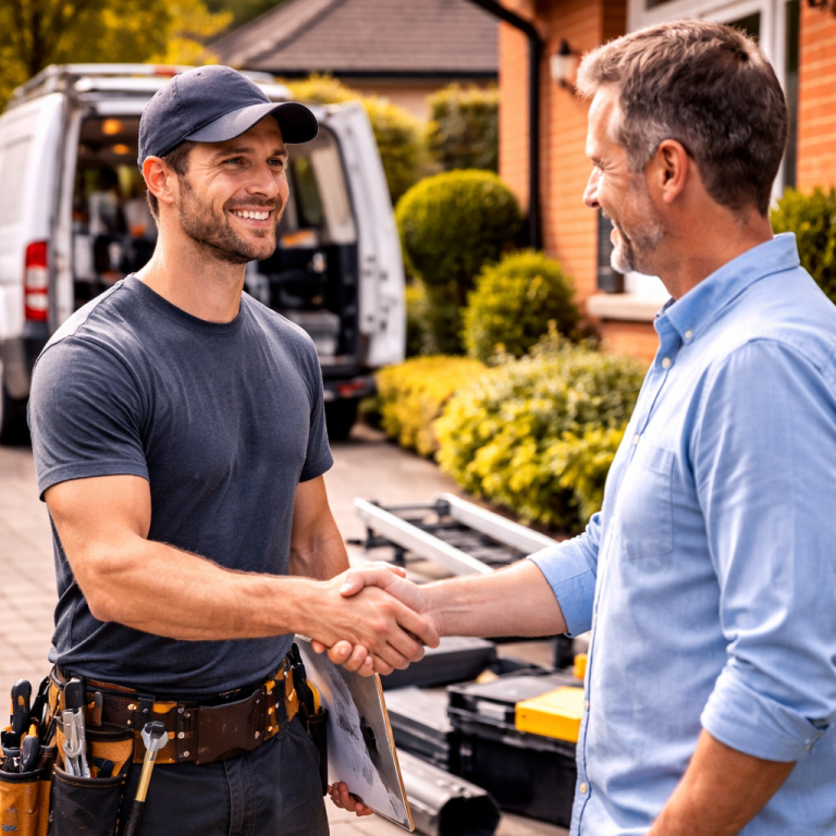 Two men shake hands outside a house, one wearing work attire and the other in a shirt.