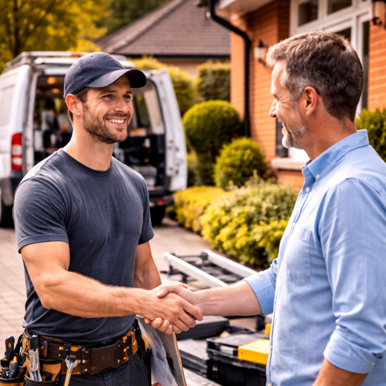 A tradesperson shakes hands with a homeowner outside a house.