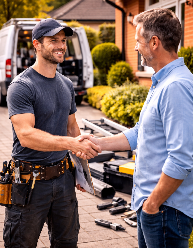 A tradesperson in a cap shakes hands with a smiling client outside a house.