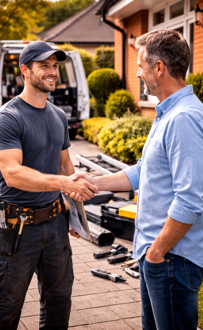 professional guttering orpington A tradesperson in a cap shakes hands with a smiling client outside a house.