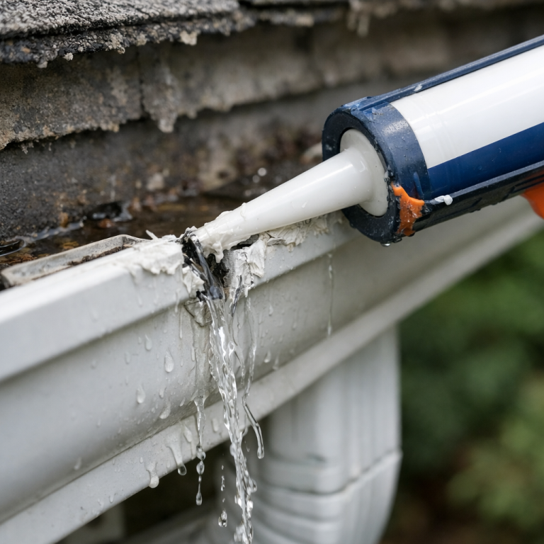 Applying sealant to a leaking gutter with water dripping from it.