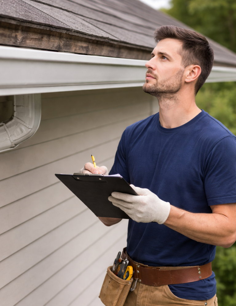 A man wearing gloves inspects a roof while holding a clipboard and pencil.