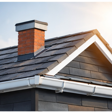 Close-up of a house roof with slate tiles and a brick chimney.