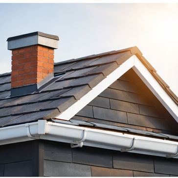 Roof close-up featuring a chimney and slate tiles, with sunlight in the background.