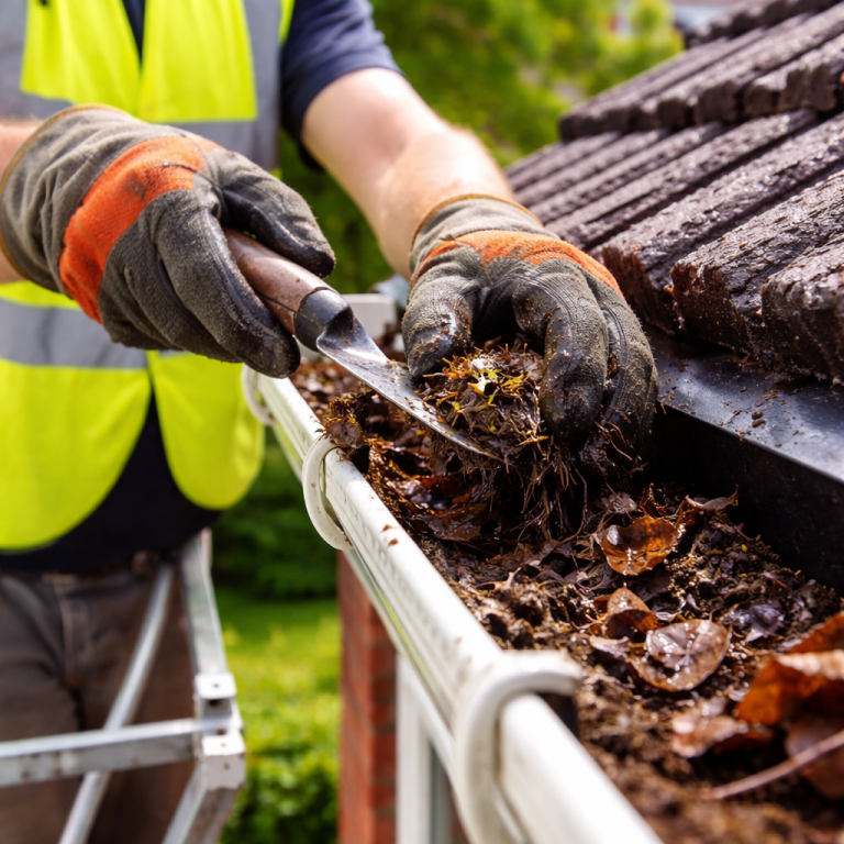 Person in gloves clearing leaves from a gutter with a trowel.