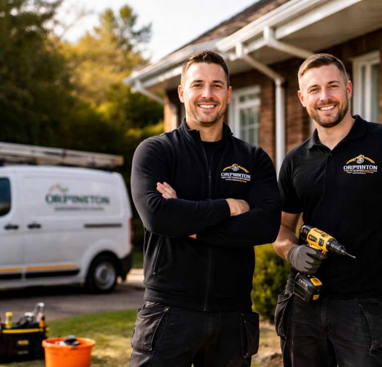 Two smiling men in workwear stand outside a house, with a van parked nearby.