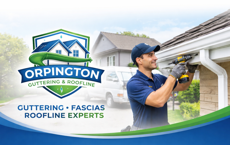 A worker installs gutters, with branding for Orpington Guttering & Roofline services.