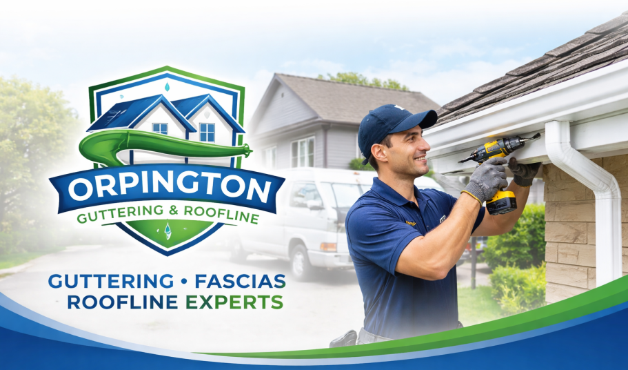 Man installing guttering with a tool, alongside company branding for Orpington Roofing.