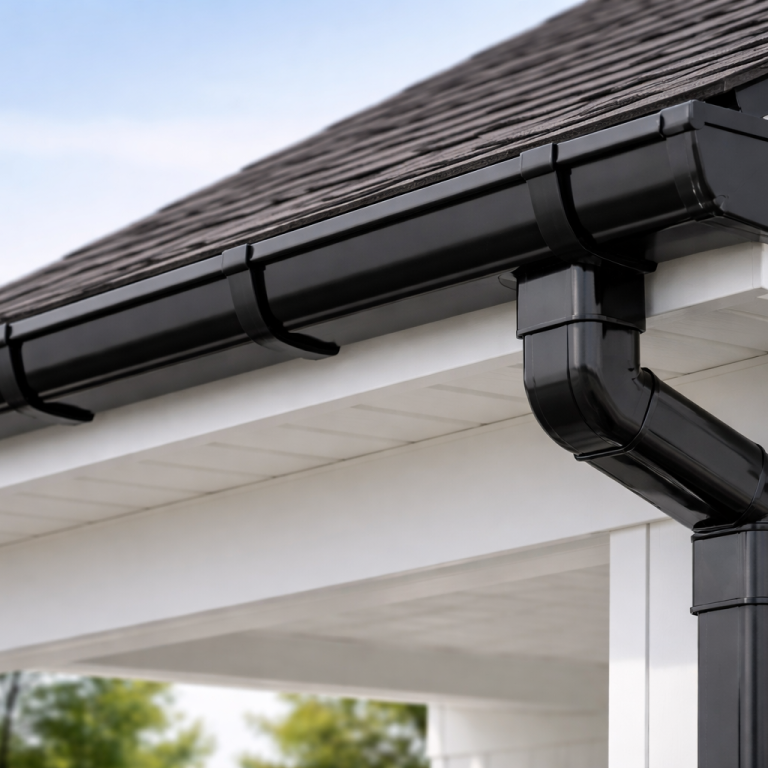 Black guttering and downpipe on a modern home with a clear blue sky backdrop.