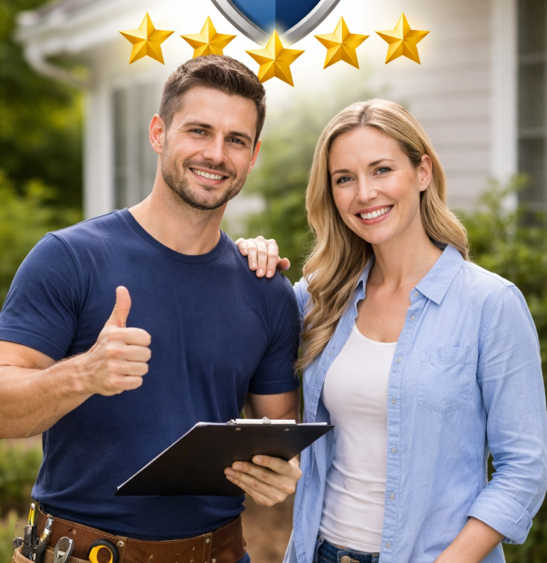 Two smiling individuals stand outside a house, displaying a thumbs-up and a clipboard.