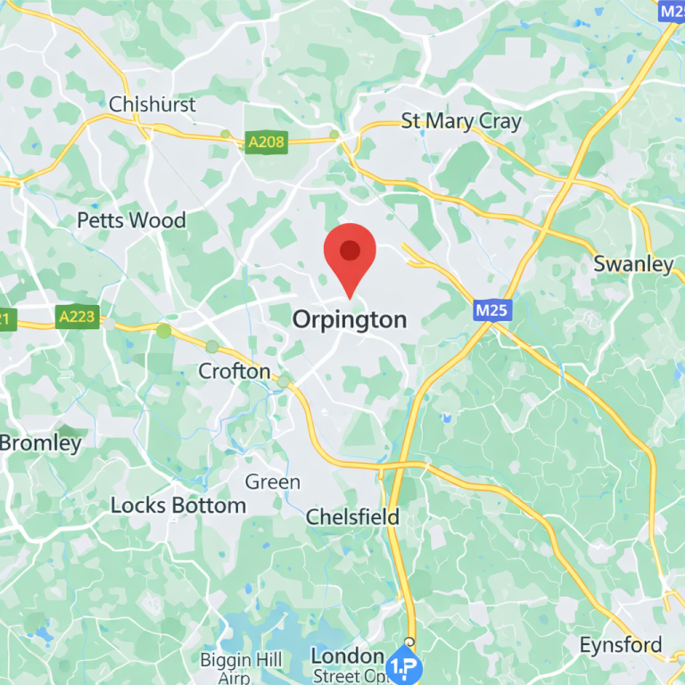 Map highlighting Orpington, surrounded by green areas and roads.