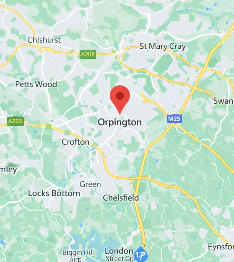 Map showing Orpington location marked by a red pin amidst green areas and roads.
