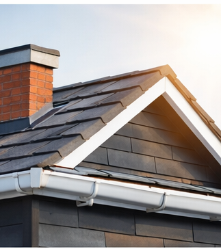 Close-up of a slate roof and chimney under sunlight.