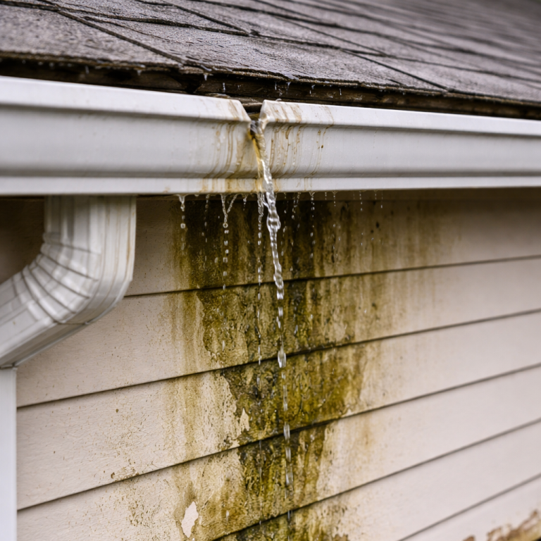 Water leaking from a gutter, with moss and mildew stains on the wall below.