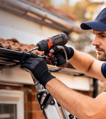 A person using a power drill to repair a gutter while on a ladder.